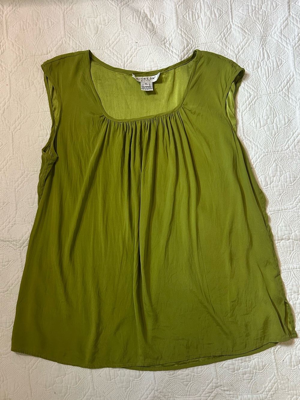 Citron Olive Green Silk Scoop Neck Tank